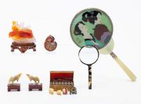 Collection of Chinese Crafts: Carved Nephrite Jade, Snuff Bottles, Agate Box, Hand Mirror, Mock Tortoise Shell Magnifying Glass