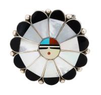 Ladies Zuni Sterling Silver Belt Buckle with Inlaid Sun Face of Onx, Turquoise, Mother of Pearl and Coral