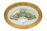 Late 19th Century Hand Colored Lithographic Fan with Mother of Pearl Blades and Gilt Gold Accents, Professionally Presented in F