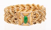 Dramatic Ladies Bracelet in 14K Yellow Gold with Jade and Diamond Clasp