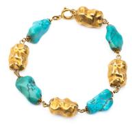 Chunky and Appealing Men's or Ladies 14K Gold "Nugget" and Nevada Turquoise Bracelet.