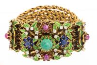 Ladies Antique 14K Yellow Gold Rope Bracelet Boasting a Spectacular Foliate Design with an Emerald, Diamonds, Sapphires & Rubies