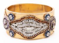 Stunning Ladies 14K Yellow Gold and Diamond Antique Cuff Bracelet in a Spectacular Bohemian Art Deco Style, Unusually Colorful