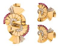 Ladies Jubilant 18K Yellow Gold, Ruby and Diamond Brooch in a Swirling Ribbon/Fan Pattern That Can Be Converted Into Two Matchin