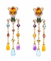 Spectacularly Colorful Chandelier Earrings by Bellarri in 18K Yellow Gold with Numerous Precious and Semi-Precious Stones.