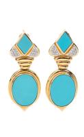 Striking Pair of 14K Yellow Gold and Persian Turquoise Earrings in an Arabesque Pattern with Accent Diamonds