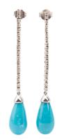 Chic Post Dangle Earrings Each with Teardrop Shaped Turquoise Suspended from 14K White Gold and Tiny Accent Diamonds Danglers