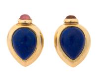 Striking Pair of 14K Yellow Gold, Lapis and Pink Sapphire Earrings