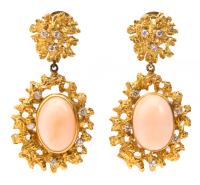 Extremely Fine Ladies 14K Yellow Gold, Pink Coral and Diamond Dangle Earrings, the Gold Bezels and Upper Danglers Resembling Cor