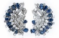 Ladies Pair of Diamond and Sapphire Earrings in 14K White Gold in a Dazzling Foliate, Crescent Design