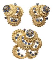 Exceptional and Fine Ensemble of 18K Yellow Gold Sapphire and Diamond Earrings and Matching Pin.