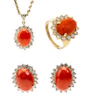 Exceptional Collection of 14K Yellow Gold, Diamond and Gem Quality Coral Ensemble of Earrings, Pendant and Ring