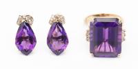 Ladies Ensemble of 14K Yellow Gold and Perfectly Matched Amethyst Ring and Earrings all with Diamond Accents