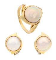 Ladies Ensemble of 14K Yellow Gold Mabe Pearl Ring and Matching Earrings with Accent Diamonds