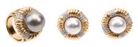 Ladies Ensemble of 18K Yellow Gold and Platinum Button Earrings and Matching Ring all Centered with Beautiful South Sea Pearls