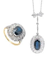 Ladies Lab Sapphire and Diamond Ensemble Including a Diamond Drop Pendant on Chain and Matching Ring