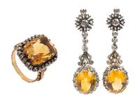 Ladies Vintage Ensemble of 14K Yellow and White Gold Ring and Dangle Earrings in Beautiful Citrine and Accent Diamonds