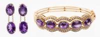 Ladies Vintage Ensemble of 14K Yellow Gold Amethyst Bracelet and Dangle Earrings