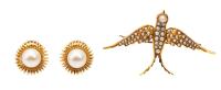 Ladies Vintage Ensemble of 18K Pearl Button Style Earring Finished with an Elegant 14K Pin of a Swallow Tailed Kite with Seed Pe