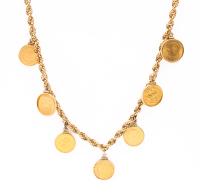 Exceptional World Gold Coin Necklace 7 Coins on 30" 14K Yellow Gold Rope Chain