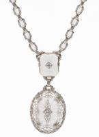 Gorgeous Antique Art Deco Necklace in 14K White Gold, Rock Crystal and Diamonds. Exceptional Filigree Work