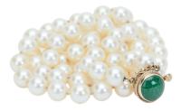 Beautiful String of Lustrous White Pearls with a 14K Yellow Gold Clasp and Spinach Jade Cabochon. 24"