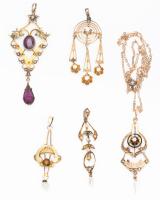 Five (5) 10K Yellow Gold Petite Victorian Pendants with a Mix of Diamonds, Amethyst and Seed Pearls