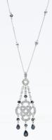 Ladies 14K White Gold, Diamond and Sapphire Necklace, A Contemporary Take on Edwardian Belle Epoque Pendant Styles