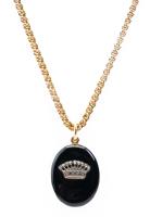 Ladies Late Victorian, 14K Yellow Gold Locket in Black Enamel with a White Gold Crown of Rose Cut Diamonds, Rubies, Sapphire and