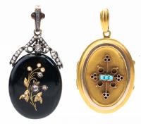 Two Antique Lockets Both in 14K Gold, One with Black Enamel and Rose Cut Diamonds and Seed Pearls, One with Persian Turquoise