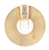 Appealing 1960s Retro Styled Pin. A Jet Age Look in 14K Yellow Gold with Accent Diamonds for Added Sparkle