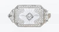 Exquisite 14K White Gold Art Deco Pin with a Beautiful .50 Carat Old European Cut Diamond Set in Rock Crystal