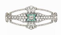 Gorgeous Platinum Antique Deco Pin in Old Mine Cut and Rose Cut Diamonds with Rectangular Emerald Accents