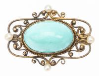 Petite Victorian Pin in 14K Yellow Gold and Beautiful Persian Turquoise Cabochon with Seed Pearl Accents