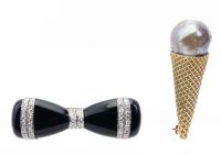 Two Vintage, Unique Pins in 18K Yellow or White Gold; Ice Cream Cone, and Enamel Bowtie.