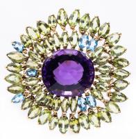 Extremely Colorful Zinnia Pin with and Amethyst Center, Surrounded by Marquis Shaped Peridot and Aquamarine set in 18K Yellow Go