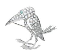 Outstanding Antique Platinum and Rose Cut Diamond Bird Pin with Emerald Cabochon Eye.