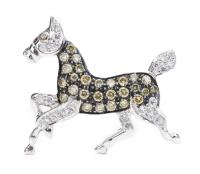 Petite Diamond Horse Pin with White and Brownish/Yellow Diamonds in 14K White Gold and Black Enamel