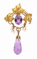 Charming Petite Pin in 18K Yellow Gold with Amethyst and Seed Pearls a Celebration of Wine and Grapes