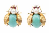 Two Antique 14K Yellow Gold Lady Bugs in Turquoise, Pearl and Rubies