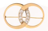 Ladies 14K Yellow Gold and Diamond Lapel Pin with 1.6 Carats of Diamonds of Interlocked Hoops. Classic.