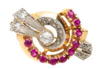 Ladies Petite 14K White and Yellow Gold Pin Centered with a .30 Old European Cut Diamond and Surrounded by Rubies.