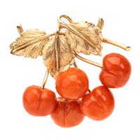 Charming Ladies Pin in 14K Yellow Gold and Beautifully Selected Coral Carved Into Individual Cherries