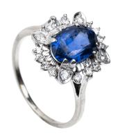 Ladies 14K White Gold, 3 Carat Oval Sapphire and Diamond Ring Boasting Lovely Color