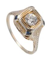 Lady's Antique, Art Deco High Karat Yellow Gold Ring with a .50 Carat Old European Cut Diamond of Fine Quality and 4 Square Cut