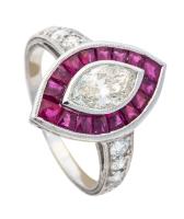 Ladies 1.25 Carat Marquis Shaped Diamond Ring Surrounded by Halo of Uniquely Cut Rubies in 18K White Gold