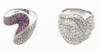 Two 18K White Gold, Diamond and Ruby Rings in Free Form, Organic Shapes That Impress