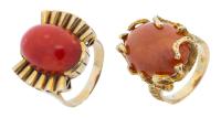 Two Appealing 14K Yellow Ladies Rings: Brilliant Red Coral and Soothing, Earthy Carnelian