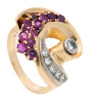 Unusual Contemporary Ring in 14K Yellow Gold, a Swirl of Rubies and Diamonds