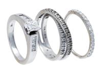 Three Ladies 14K White Gold Rings with Diamond Including a One Carat Princess Cut Diamond